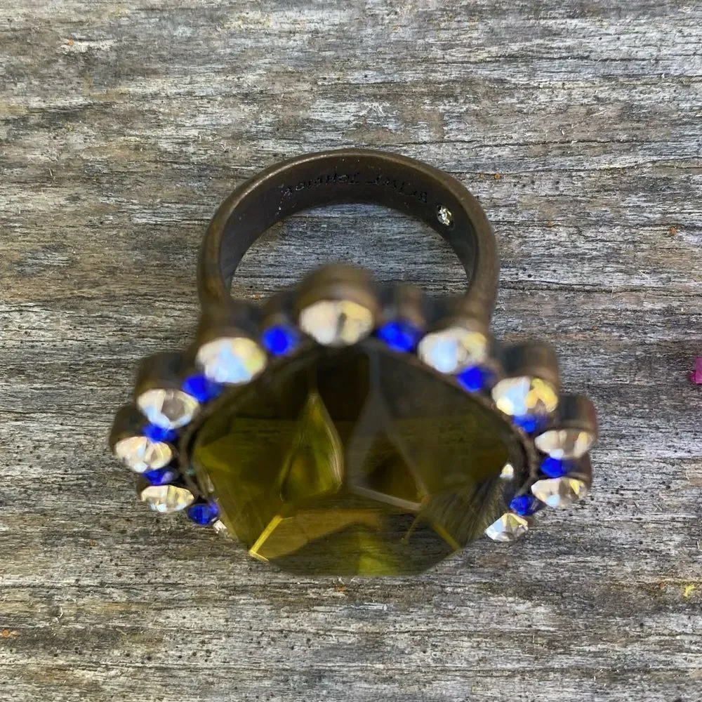 Betsey Johnson In The Navy Khaki Green Olive & Blue Crystal Heart Ring Size7 EUC